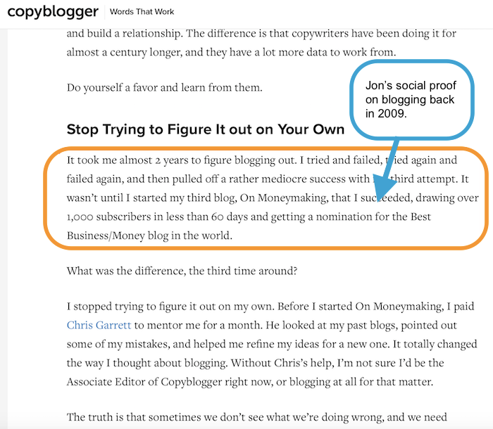 Jon's social proof on blogging