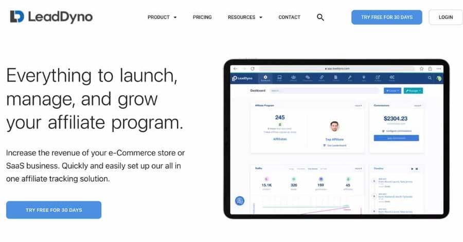 Affiliate software LeadDyno homepage.