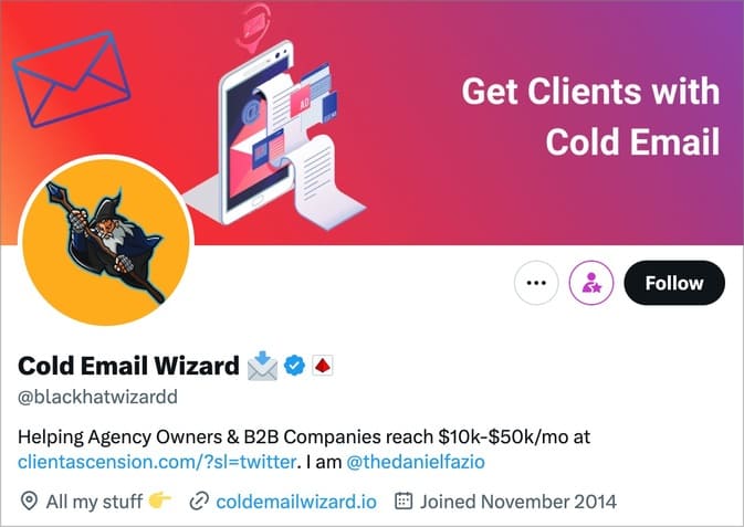 Screenshot of Cold Email Wizard's X/Twitter bio