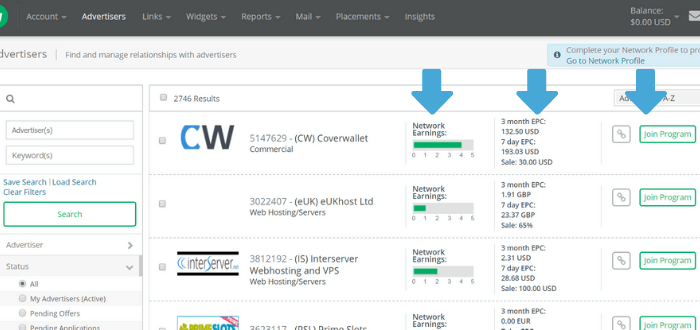 cj affiliate network earnings epc