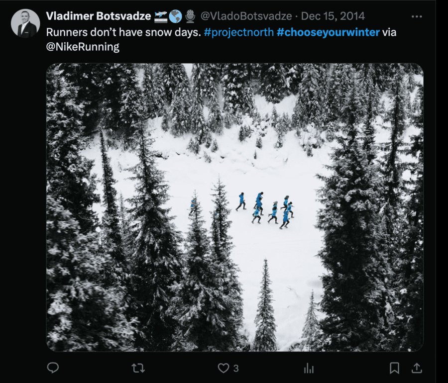 X/Twitter post using Nike's hashtag #chooseyourwinter. Image is of runners on a snowy slope