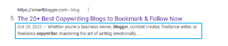 SEO writing a Smart Blogger meta discription on Google.