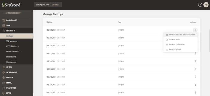 siteground review daily backups page