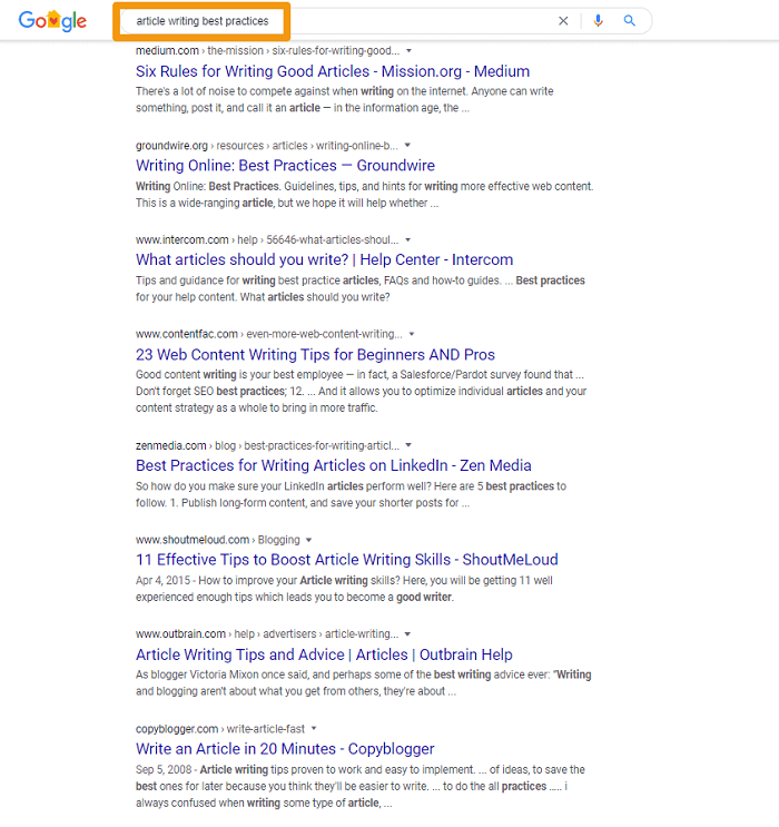 writing sample google best practices screenshot