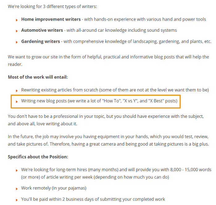 writing sample job ad screenshot home improvement blog