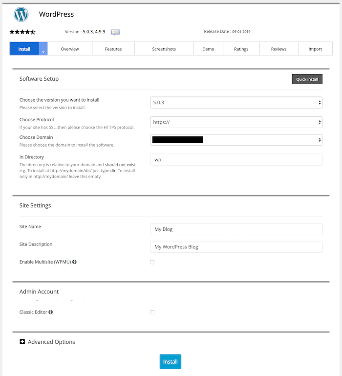 Softaculous WordPress Form