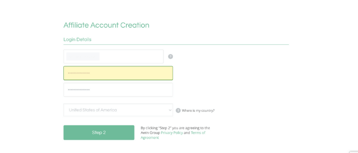 Screenshot shareAsale account creation details