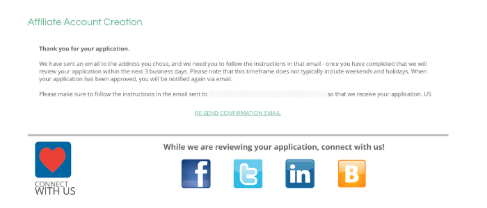 Screenshare shareAsale account creation: Application Submission Thank You