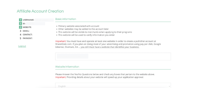 Screenshot shareAsale account information: Basic Information screen