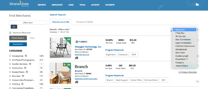Screenshot ShareASale Sort Results By option on Search results page