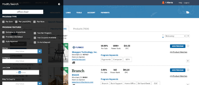 Screenshot ShareASale Modify Search "office chair" in search bar