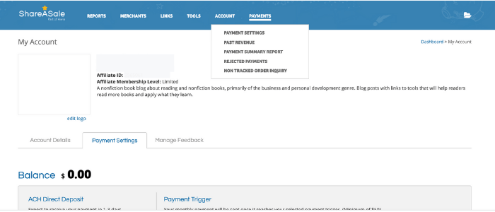 Screenshot ShareASale "Payments" menu