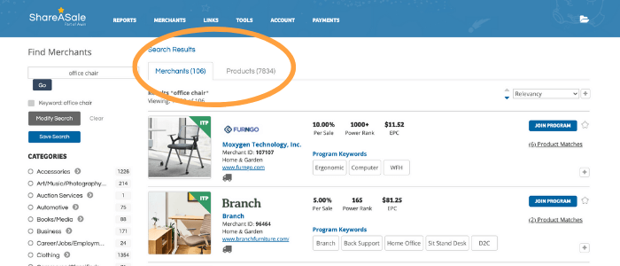 Sceenshot ShareASale: Merchants tab in serach results