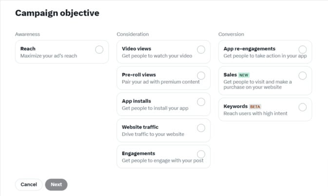 Campaign objectives within Twitter/X ads