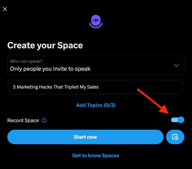 "Record Space" toggle in Twitter/X Spaces